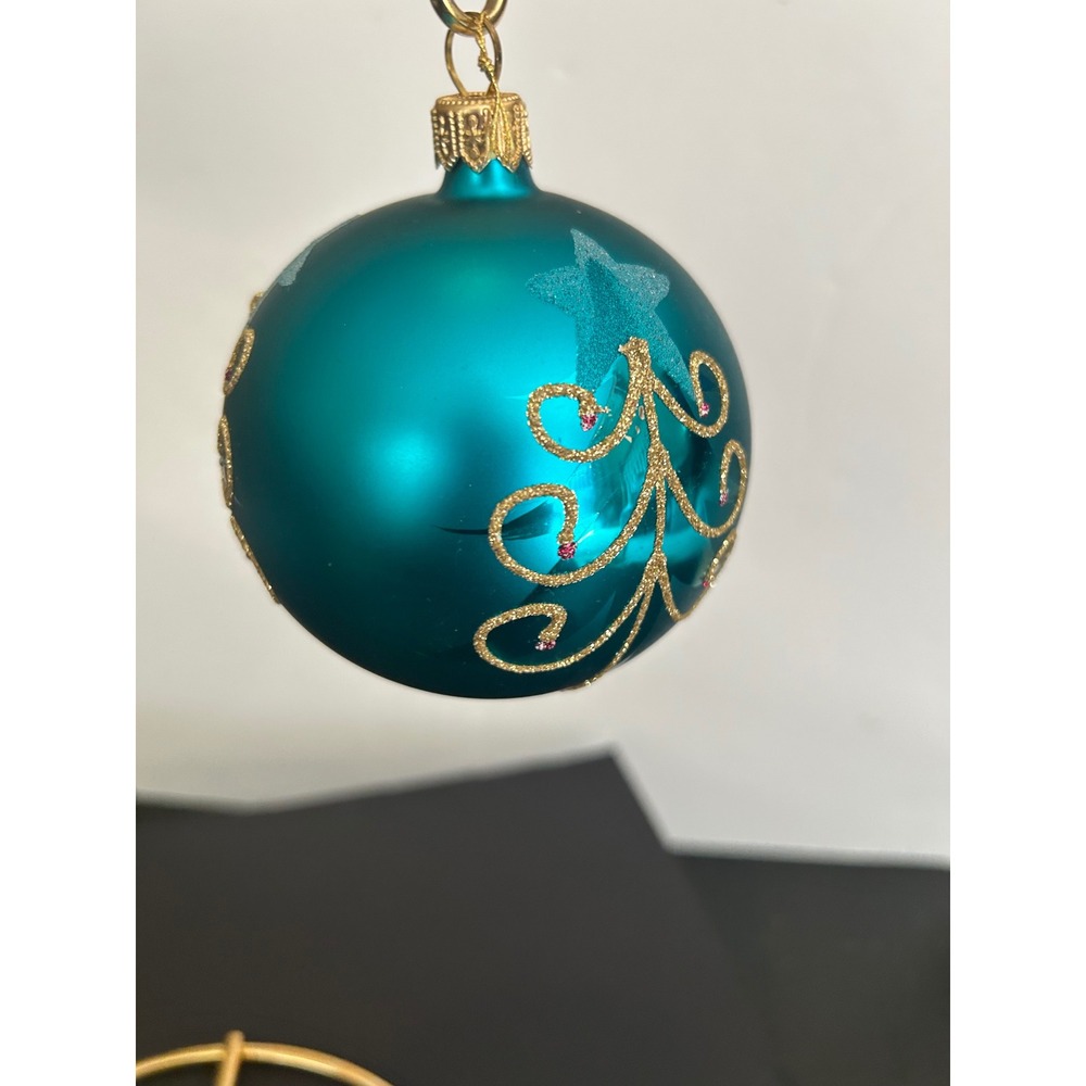 Christmas Ornament Holiday Teal Blue Gold Glitter Tree Star Glass Round Sphere